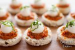Tomato Basil Mozzarella Canapés on a platter